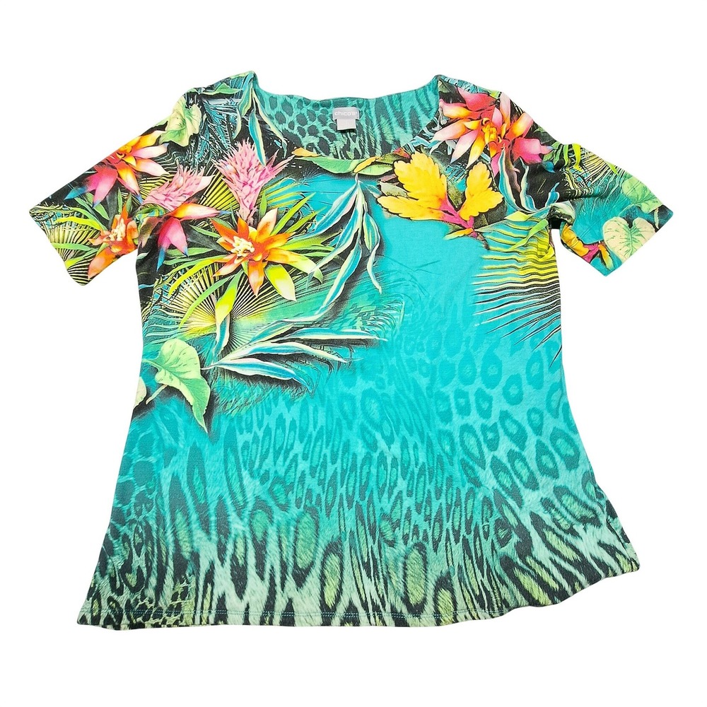 Chico's Tropical Floral Leopard Print Top Short Sleeve Teal Size 2 Large